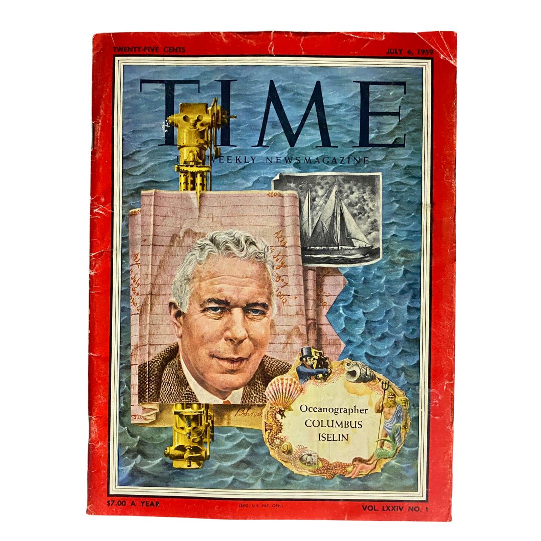 VTG Time Magazine July 6 1959 Vol 74 No. 1 featuring oceanographer Columbus Iselin on the cover with an illustration of a sailing ship and a background of blue water.
