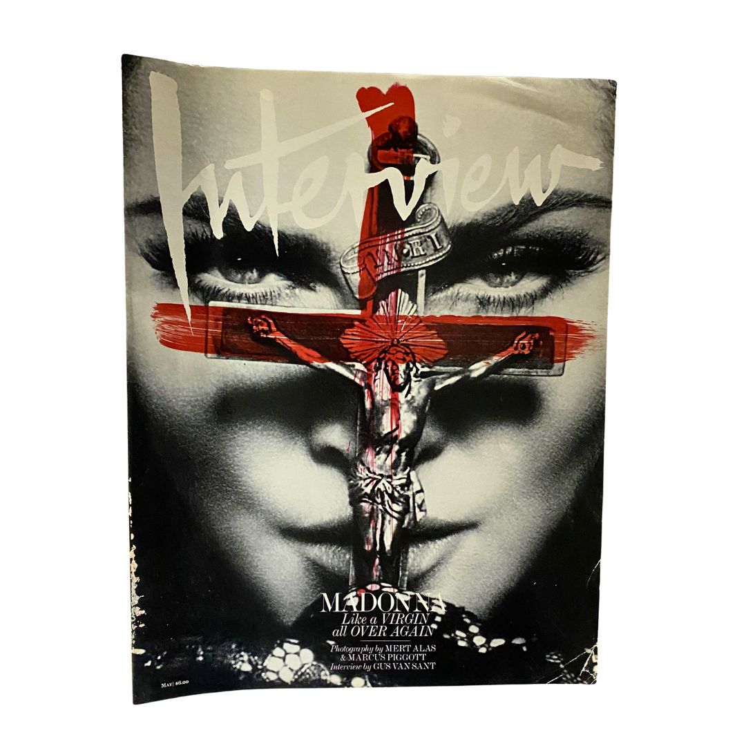 Interview Magazine May 2010 cover featuring Madonna in a striking black and white design, titled 'Like A Virgin All Over Again'. Iconic pop culture collectible.