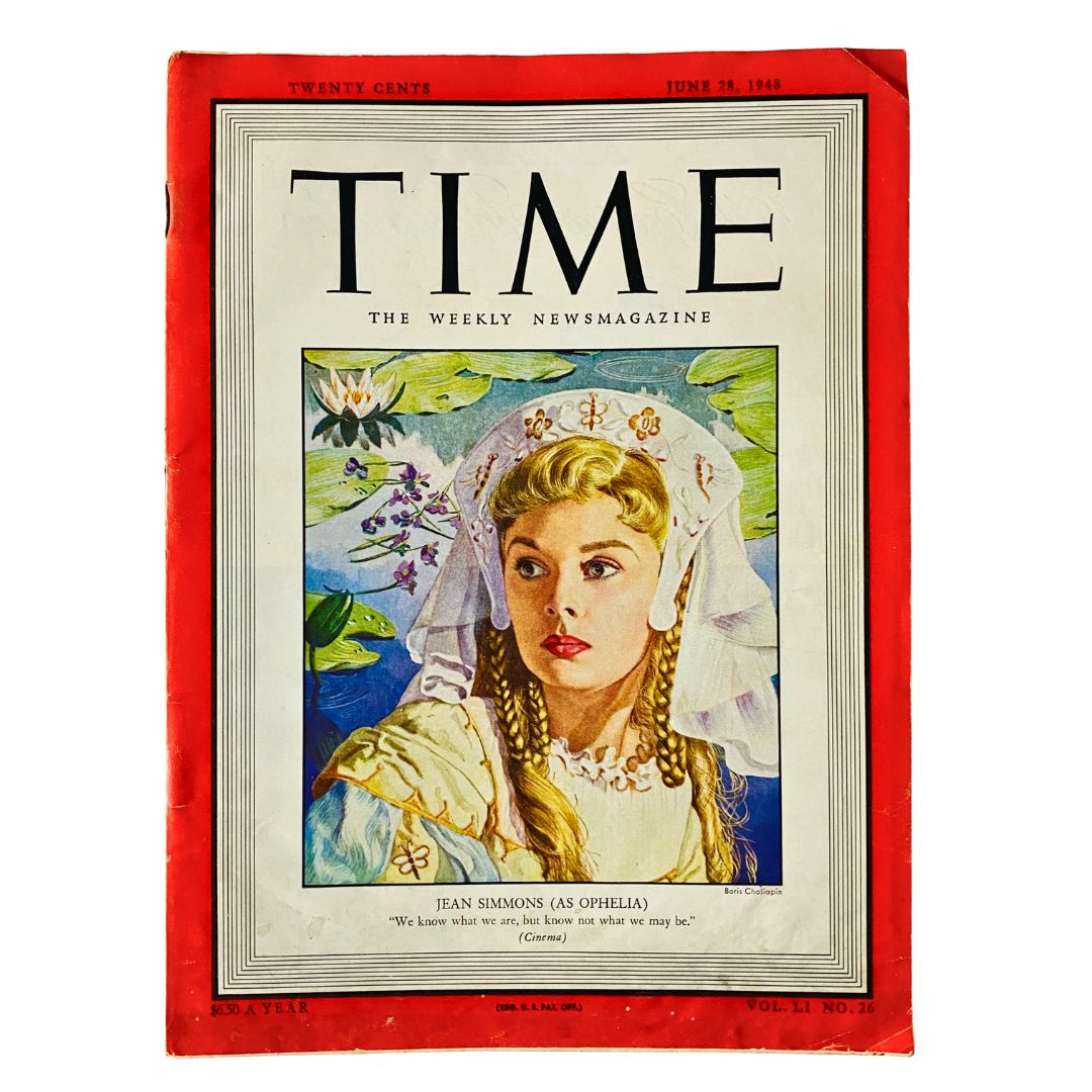 Vintage Time Magazine June 28 1948 Featuring Jean Simmons as Ophelia on the cover, showcasing a colorful illustration and vintage design.