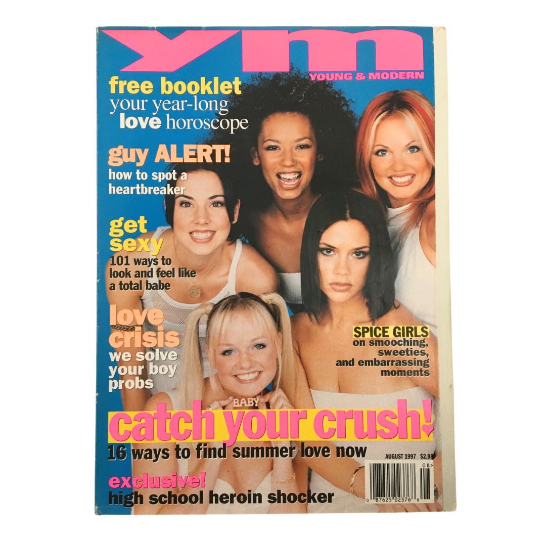 YM Young & Modern Magazine, August 1997: Spice Girls on smooching, '90s fashion, beauty tips, and relationship advice