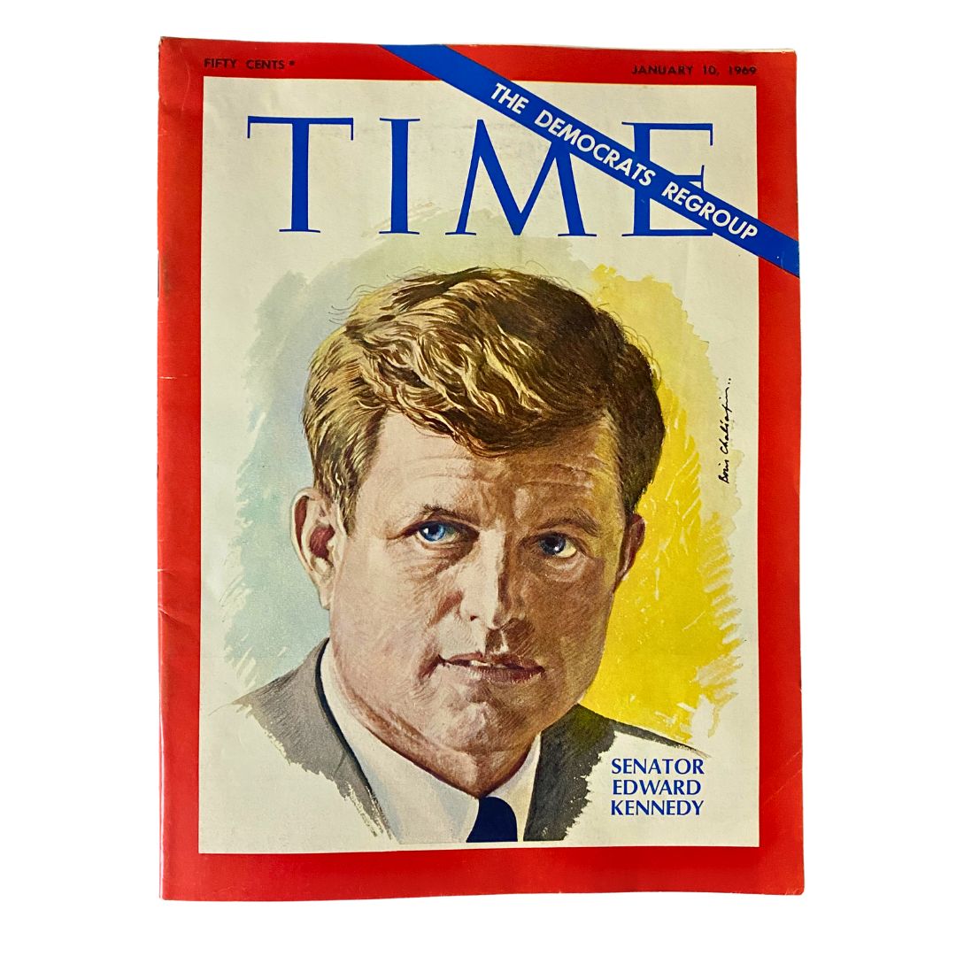 VTG Time Magazine January 10 1969 featuring Senator Edward Kennedy on the cover, showcasing the article 'The Democrats Regroup' highlighting significant political themes from the 1960s.