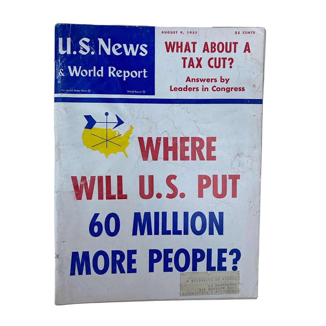 Cover of US News & World Report Magazine from August 9, 1957, featuring the headline 'What About A Tax Cut?' and an article on population questions in the U.S.