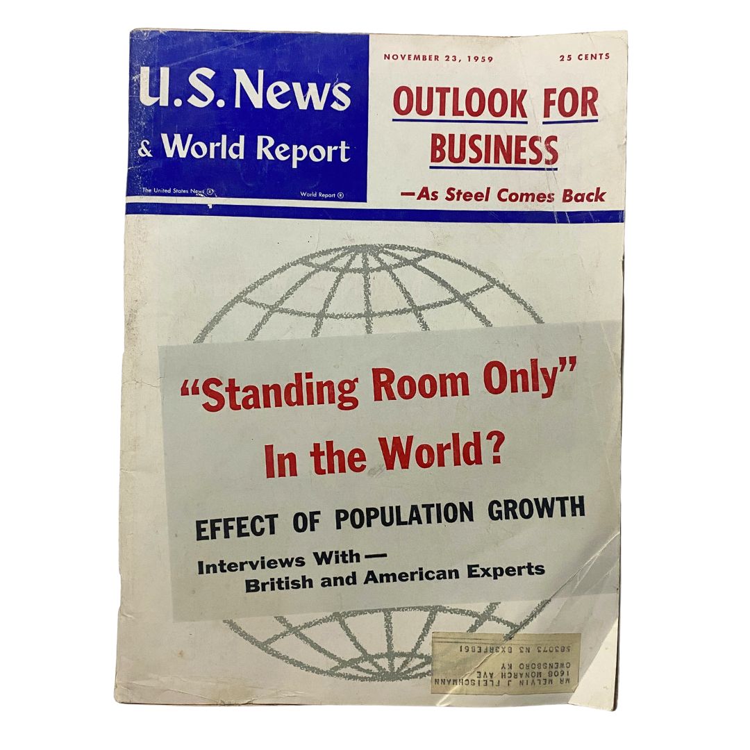 Cover of the US News & World Report Magazine from November 23, 1959, featuring the title 'Effect of Population Growth' and the tagline 'Standing Room Only In the World?' with interviews from British and American experts.