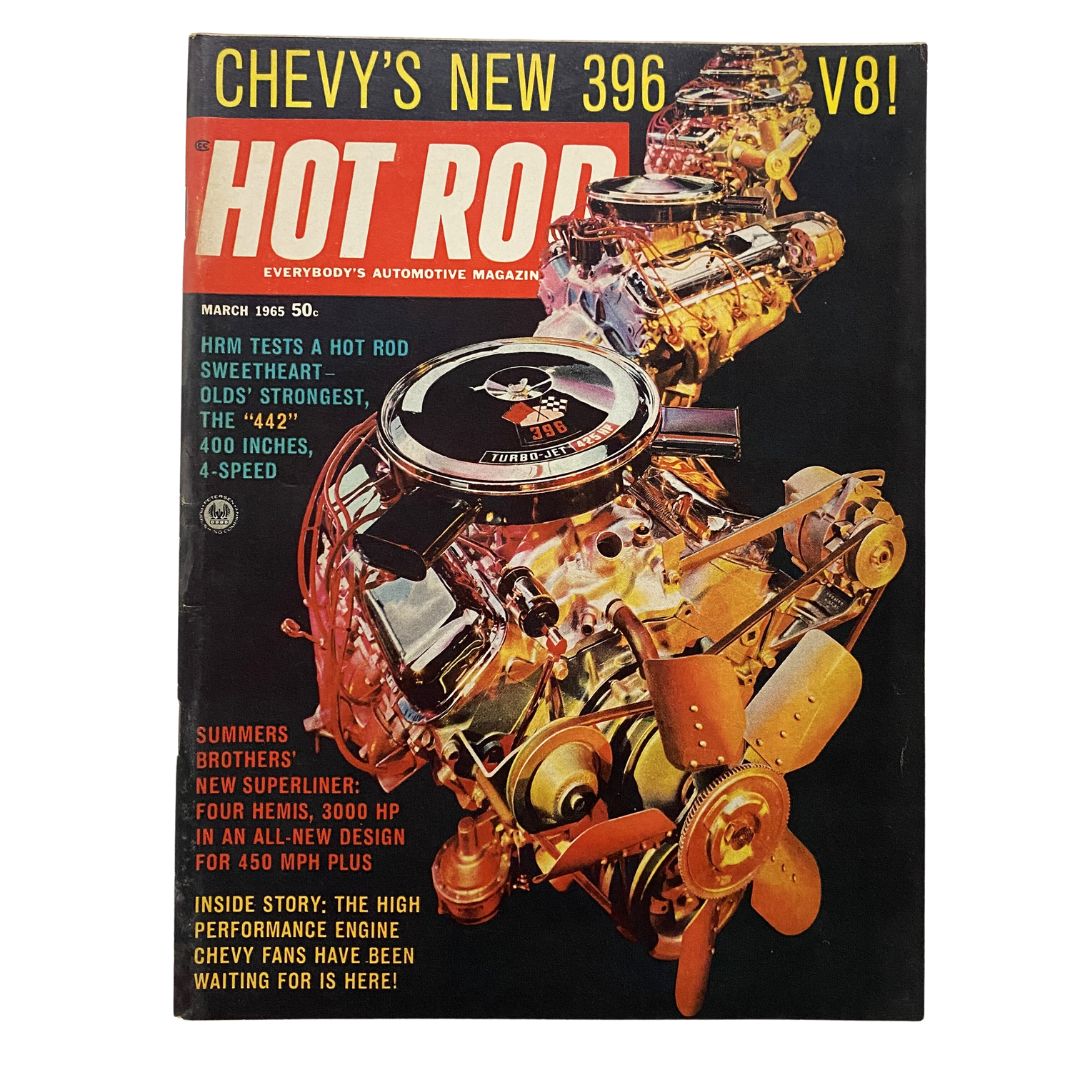 VTG Hot Rod Magazine March 1965 featuring Chevy's high-performance 396 engine on the cover, showcasing vibrant graphics and vintage automotive design.