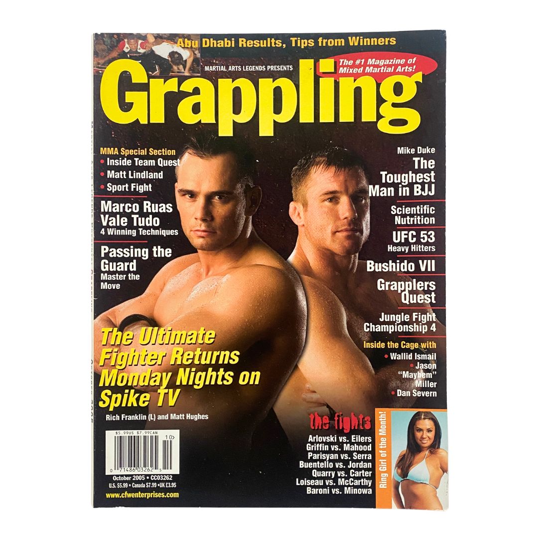 Martial Arts Legend Grappling Magazine October 2005 featuring Rich Franklin and Matt Hughes on the cover, highlighting their iconic status in MMA.