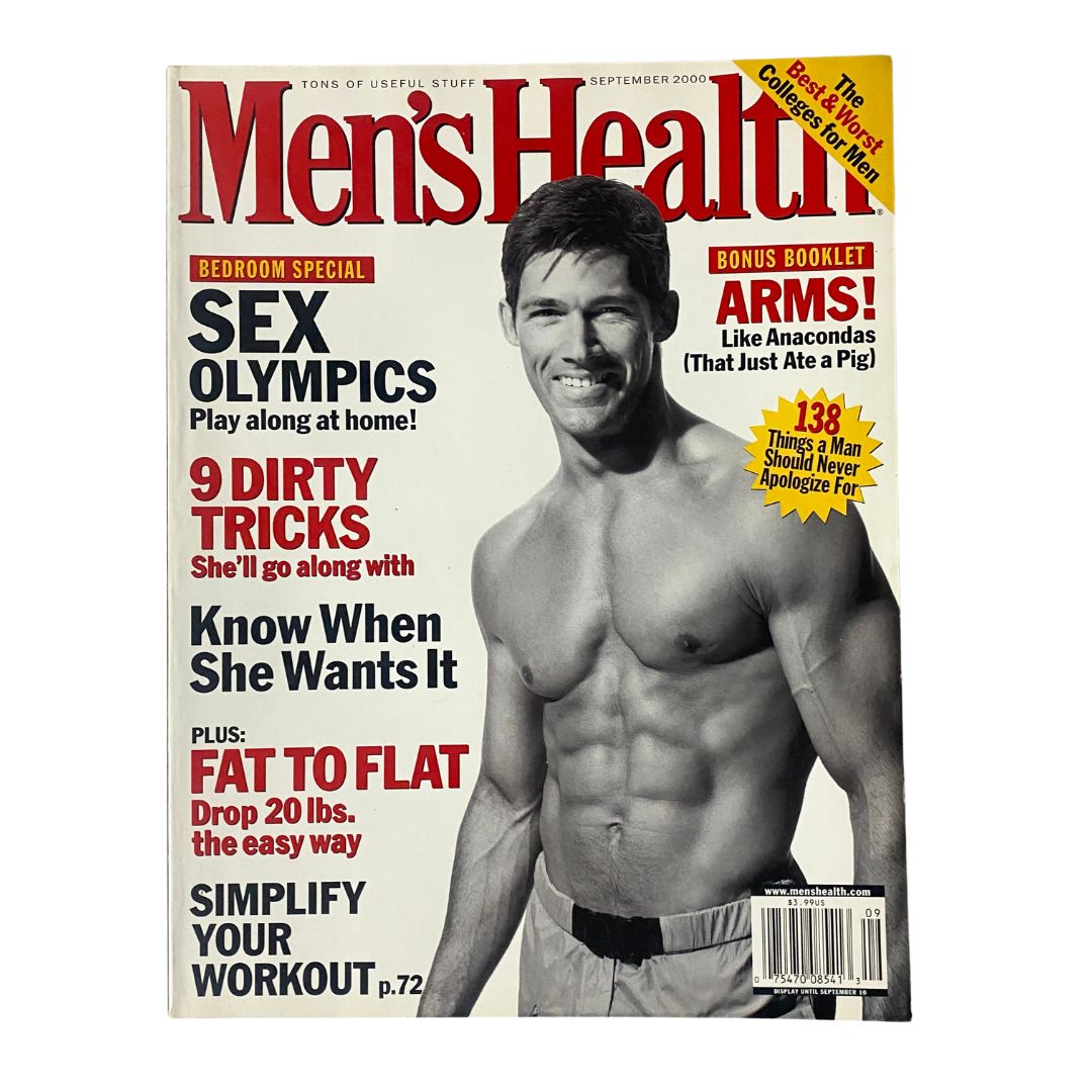 Cover of Men's Health Magazine September 2000 featuring the title 'Men's Health Magazine September 2000 9 Dirty Tricks She'll Go Along With' and displaying a fit male model showcasing a muscular physique, emphasizing topics like 'Sex Olympics' and 'Fat to Flat'.