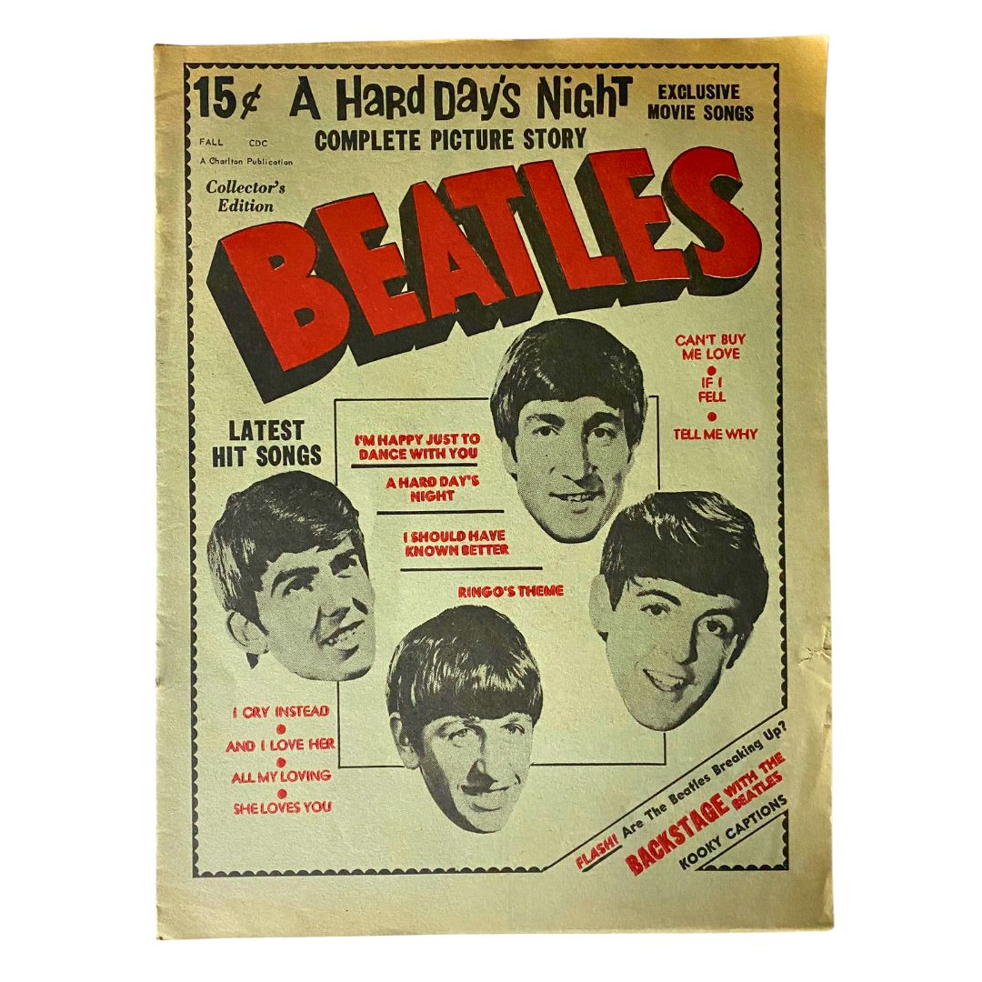 Vintage 1964 'A Hard Day's Night' Complete Picture Story featuring The Beatles on the cover with images of the band members and colorful graphics.