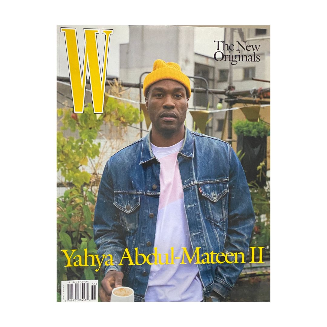 W Magazine 2020 Volume 4 featuring Yahya Abdul-Mateen II on the cover, dressed casually in a denim jacket and yellow beanie, highlighting the theme 'The New Originals'.