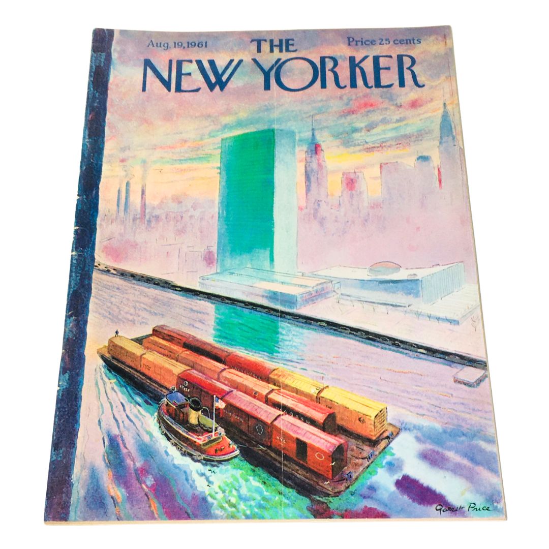 The New Yorker Magazine August 19 1961 Full Theme Cover by Garrett Price featuring a colorful illustration of a barge on the water near a city skyline, encapsulating the spirit of American culture in the early 60s.