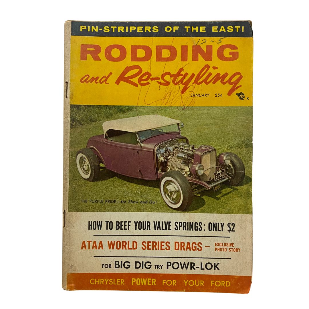Cover of VTG Rodding & Re-Styling Magazine January 1958 featuring The Purple Pride hot rod, showcasing a classic automobile with a vibrant design.