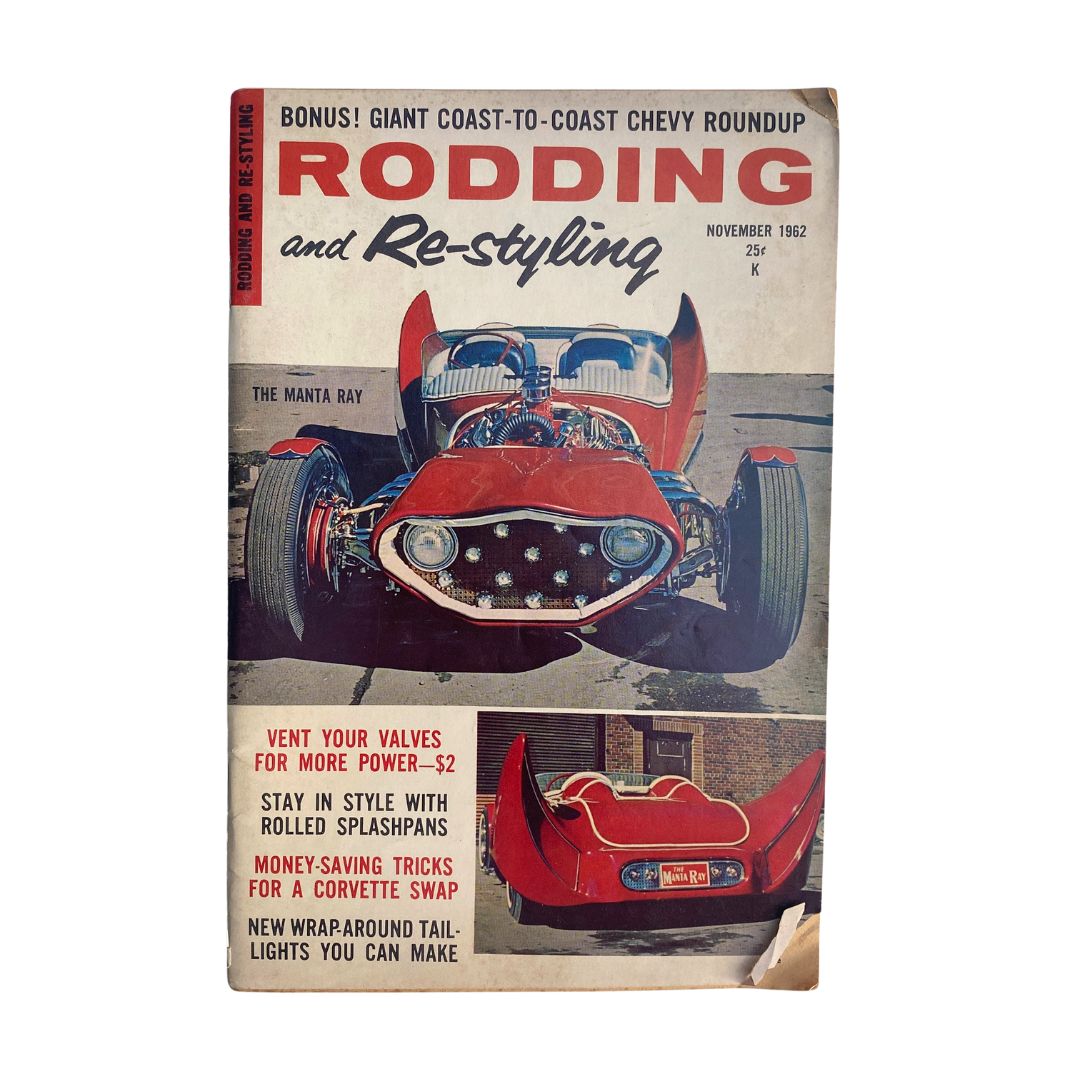 Cover of the VTG Rodding & Re-Styling Magazine from November 1962 featuring The Manta Ray with vibrant red custom car design and headlines about automotive tips.