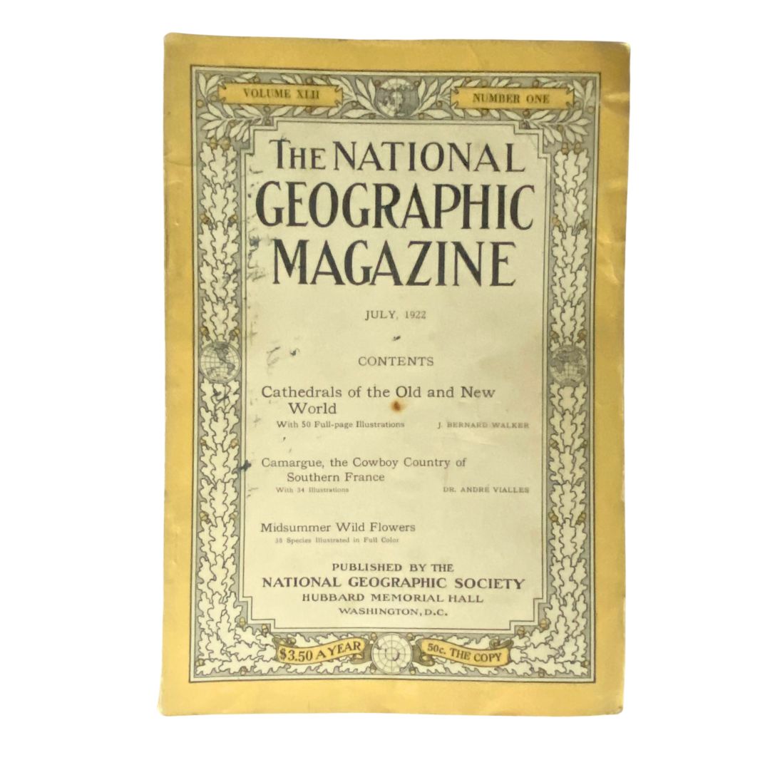 Cover of National Geographic Magazine July 1922 featuring Midsummer Wild Flowers with a yellow border and illustrated contents.