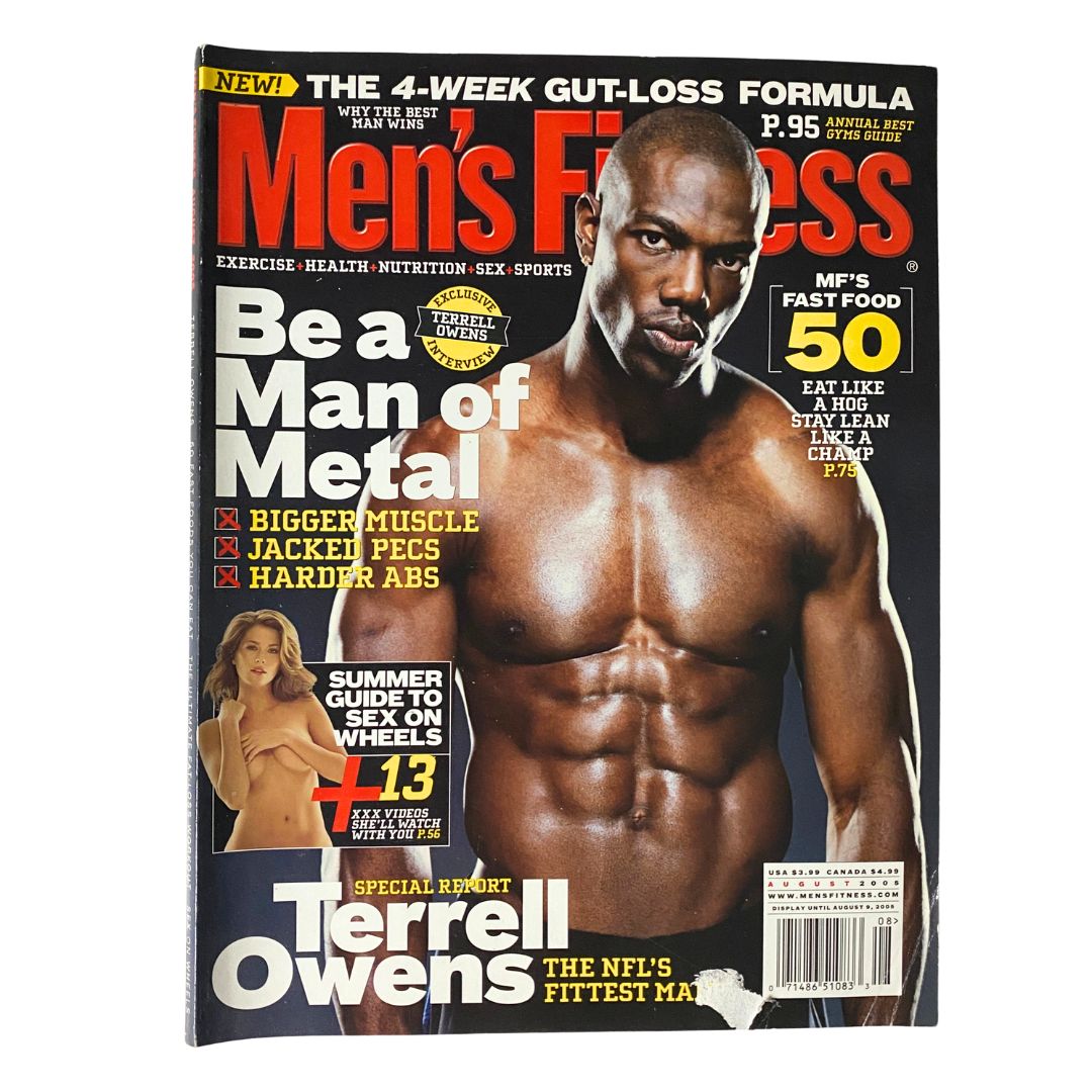 Men's Health Magazine August 2005 featuring NFL's Terrell Owens on the cover, showcasing fitness and lifestyle.