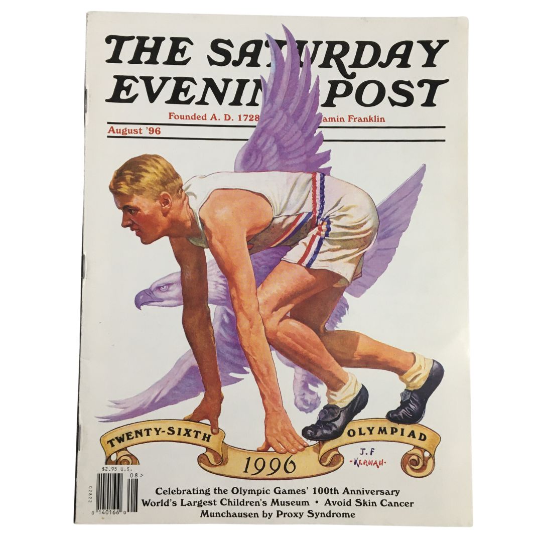 Cover of The Saturday Evening Post, August 1996, celebrating the Olympic Games' 100th Anniversary. Features a male athlete with wings, symbolizing the Olympic spirit and athleticism.