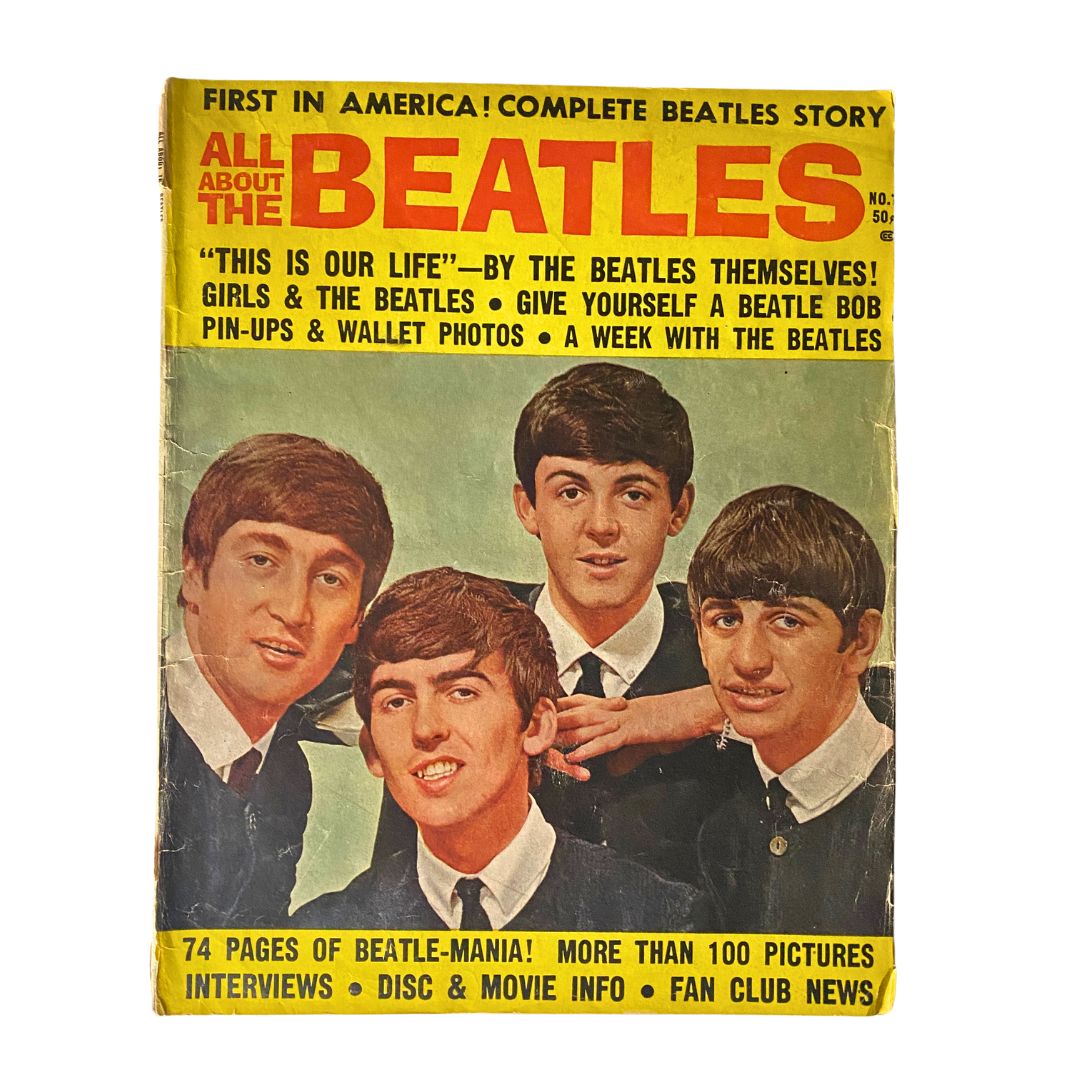Vintage 1964 All About The Beatles magazine cover featuring iconic images of the band, highlighting the complete story of The Beatles, celebrating Beatlemania with vibrant colors and engaging graphics.