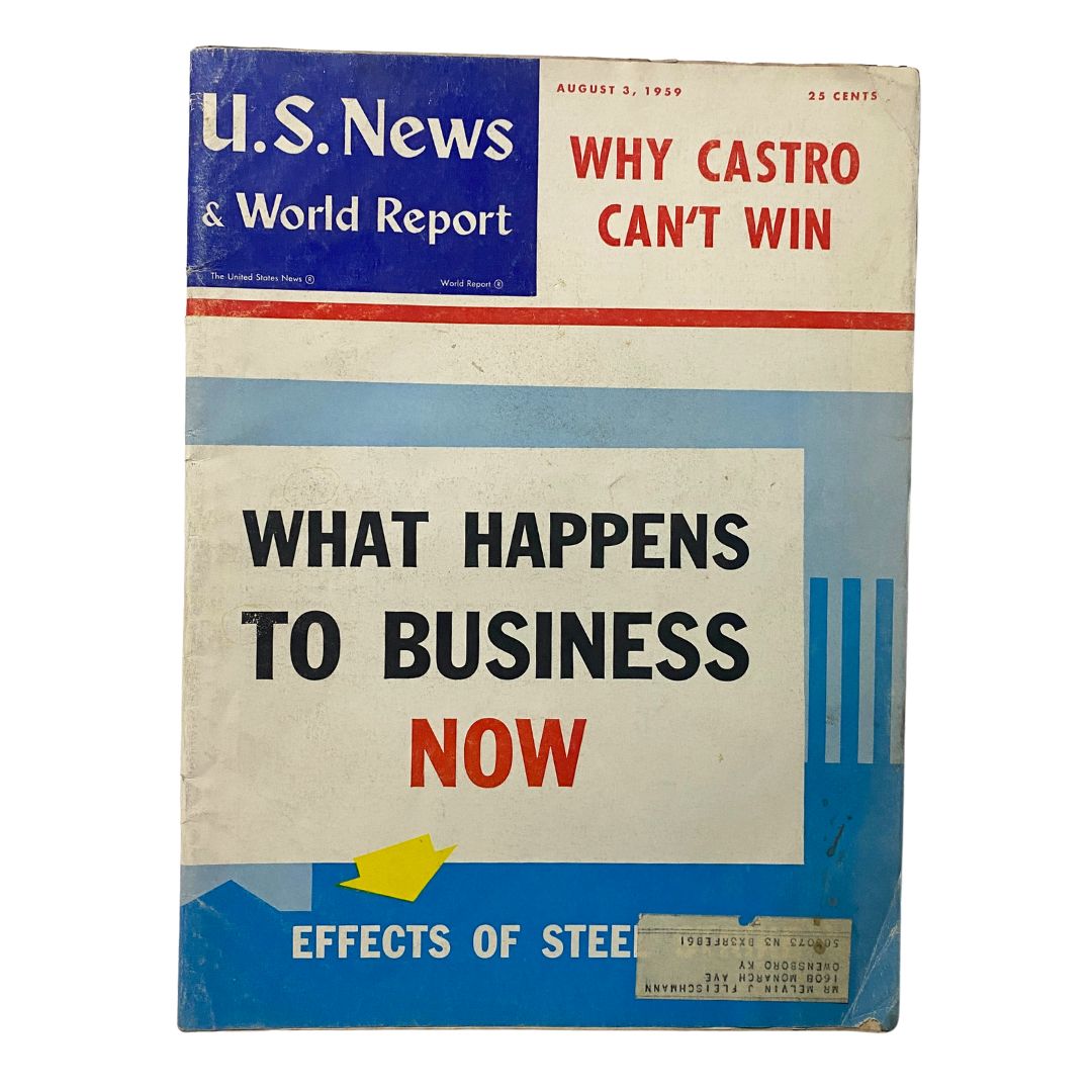 Cover of US News & World Report Magazine from August 3, 1959 featuring the headline 'Why Castro Can't Win' and additional text 'What Happens to Business Now'.