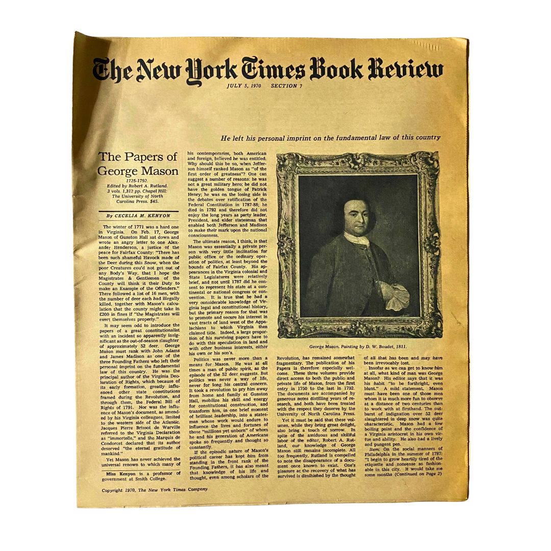 Cover page of The New York Times Book Review from July 5, 1970, featuring an article on George Mason, framed portrait, and vintage newspaper design.