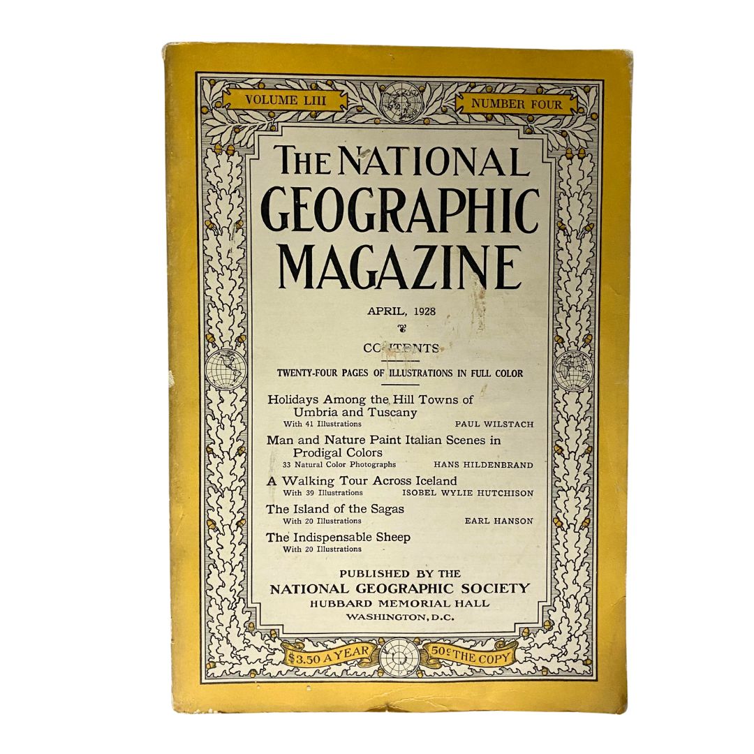 Cover page of National Geographic Magazine April 1928 featuring the title and details about articles including 'A Walking Tour Across Iceland' and 'Man and Nature Paint Italian Scenes in Prodigal Colors'.