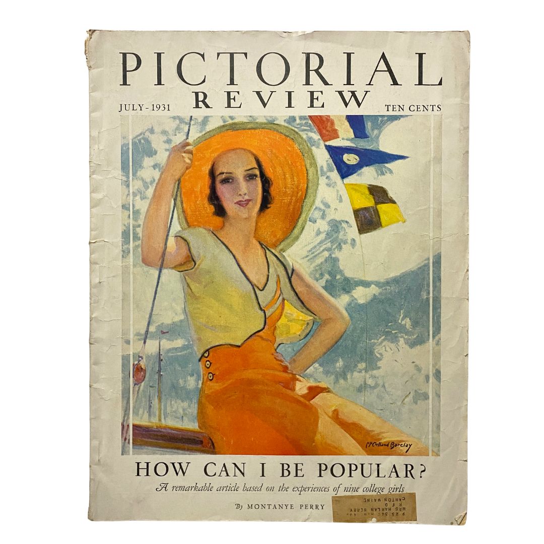 Pictorial Review Magazine July 1931 cover featuring a young woman in a summer outfit and a sun hat, with the question 'How Can I Be Popular?' prominently displayed. This vintage magazine highlights early 20th-century fashion and culture.