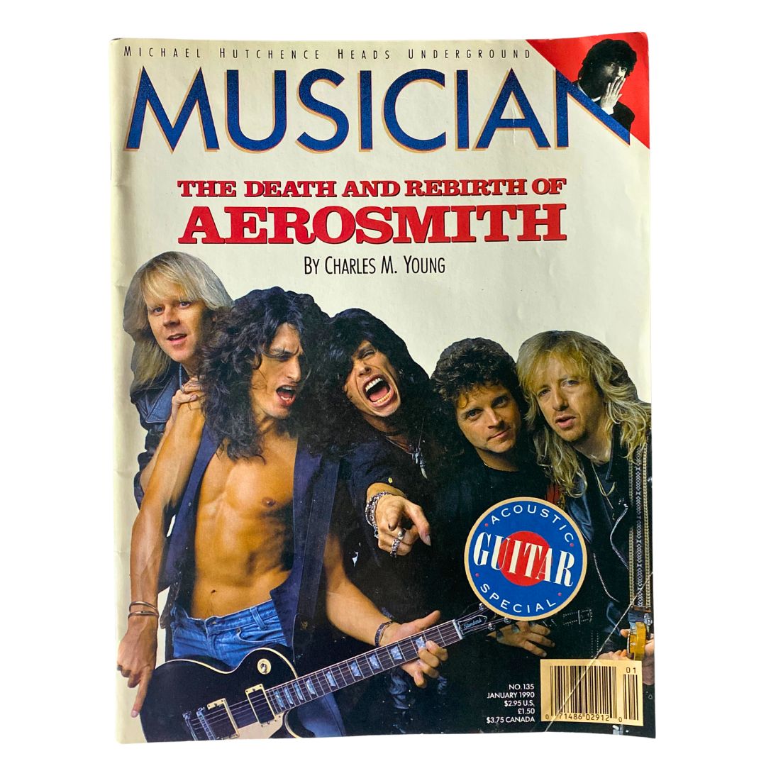 January 1990 issue of Musician Magazine No. 135 featuring Aerosmith on the cover, highlighting the article 'The Death and Rebirth of Aerosmith' by Charles M. Young, capturing the band during a pivotal moment in rock history.