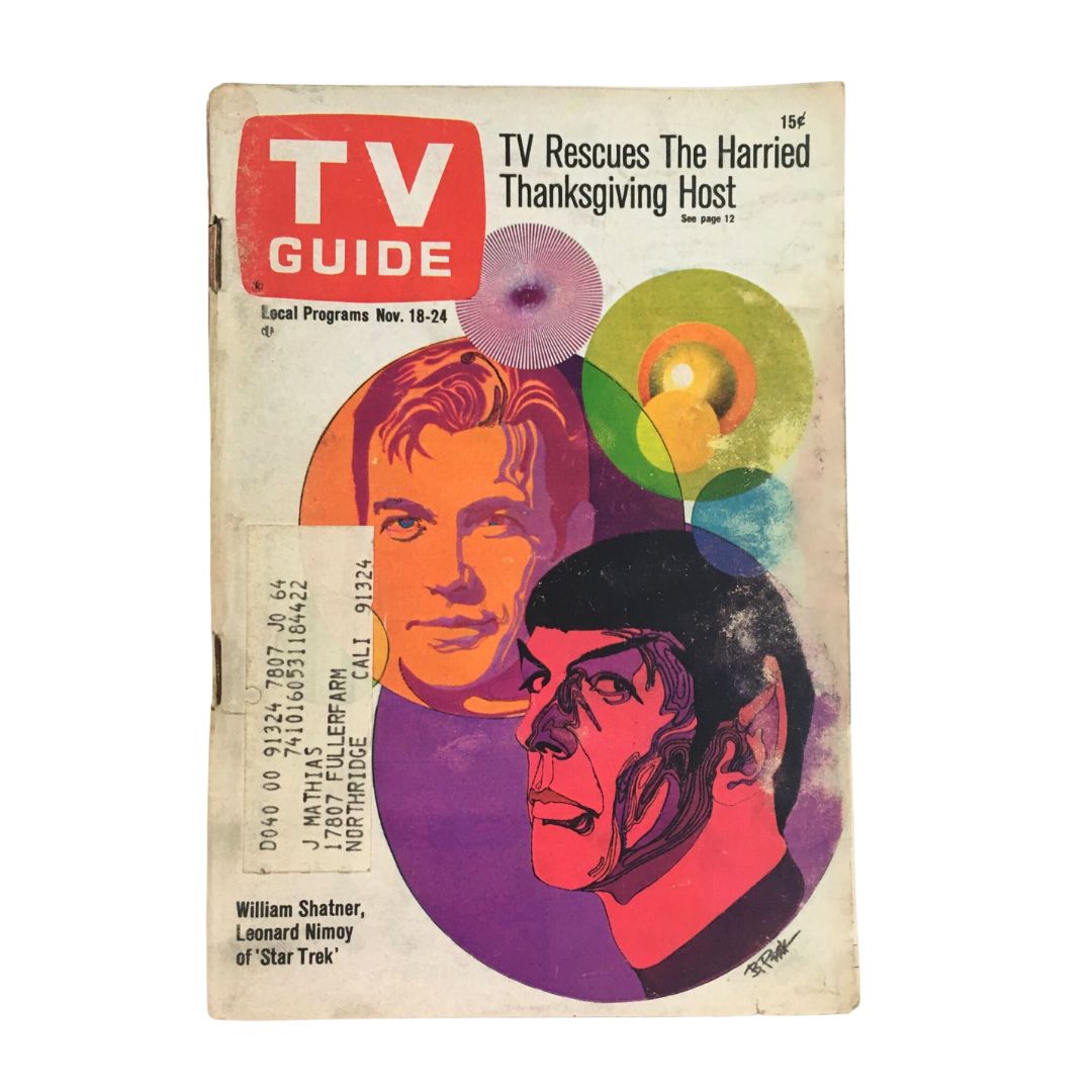TV Guide November 18, 1967, featuring William Shatner and Leonard Nimoy on the cover, showcasing vibrant artwork and details about local programs.