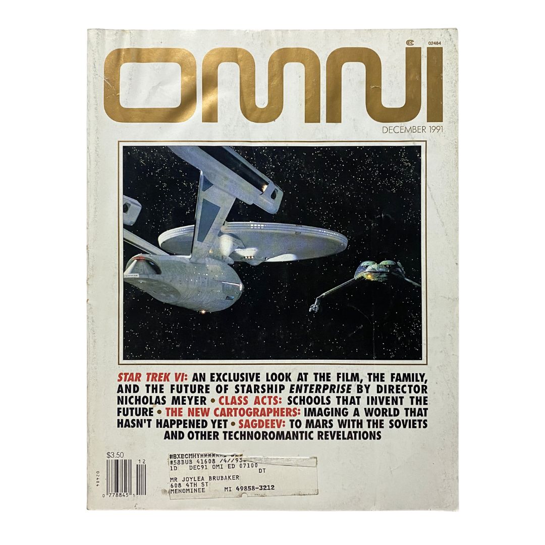Cover of Omni Magazine December 1991 Vol 14 No. 3 featuring a striking image of spaceships, highlighting articles on Star Trek VI and new cartographers, showcasing vintage sci-fi culture.