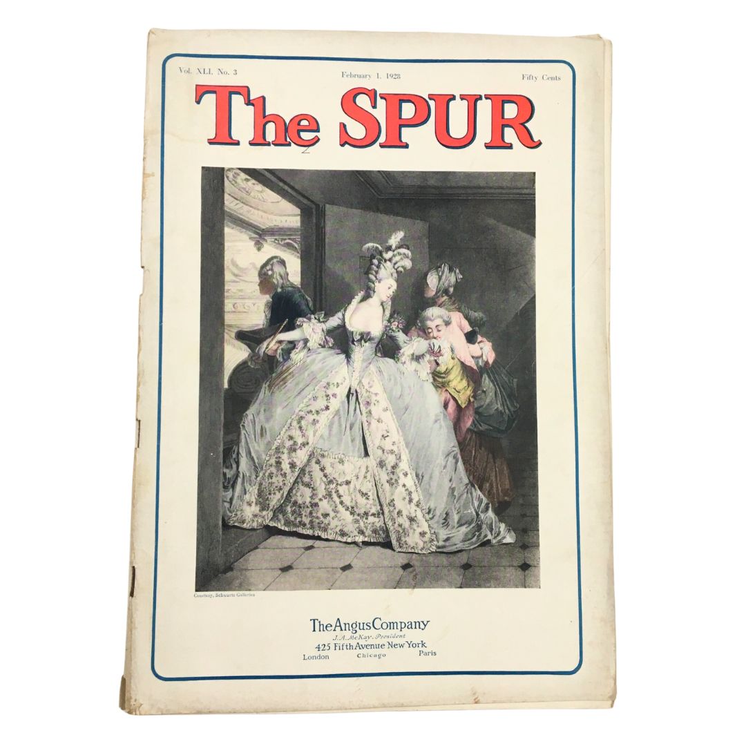 Cover of VTG The Spur Magazine February 1 1928, featuring an elegant illustration of women in historical attire, representing the theme 'The Schnauzer in America'.