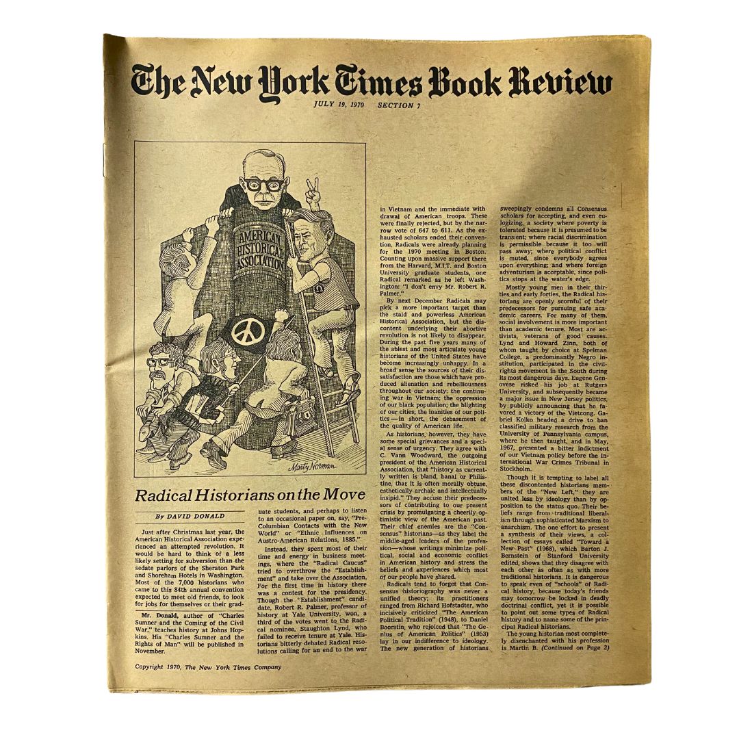 Cover of The New York Times Book Review from July 19, 1970, featuring the article 'Radical Historians on the Move' and illustrations related to historical narratives.