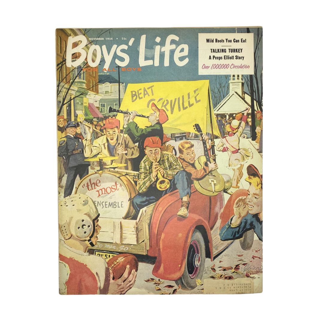 Cover of VTG Boys' Life for All Boys Magazine November 1954 featuring lively illustrations of boys with instruments in a parade setting, titled 'Folks from Boyertown'.