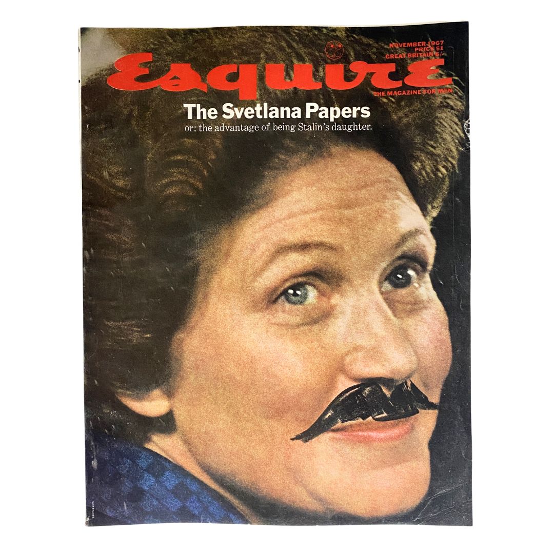 Cover of VTG Esquire Magazine November 1967 No. 408 featuring 'The Svetlana Papers' with a vintage illustration of a woman with a prominent mustache.