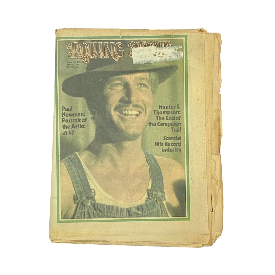 Rolling Stone Magazine July 5 1973 Issue No. 138 featuring Paul Newman on the cover, portraying him smiling in a hat and overalls, reflecting the pop culture of the 1970s.