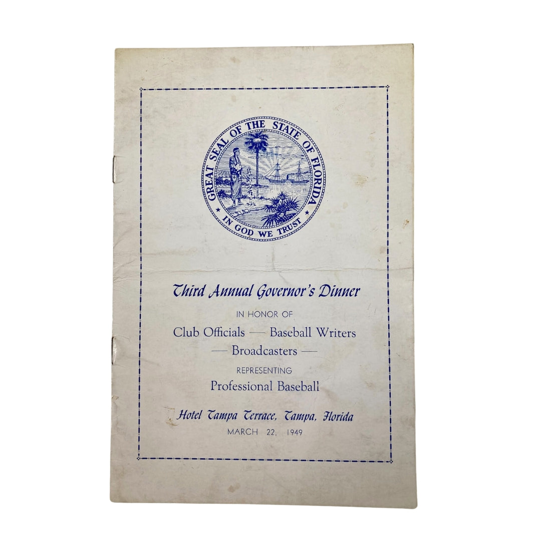 March 22 1949 3rd Annual Governor's Dinner Club Officials Baseball program cover featuring the seal of Florida and event details held at Hotel Tampa Terrace.