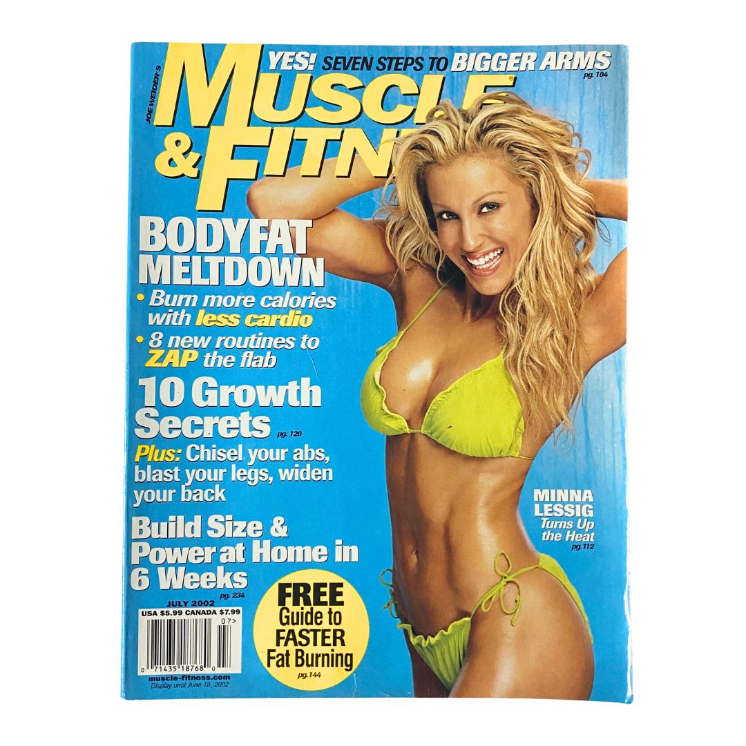 Cover of Muscle & Fitness Magazine July 2002, Vol 63 No. 7 featuring Minna Lessig in a bikini, promoting fitness with headlines on body fat reduction and workout secrets.