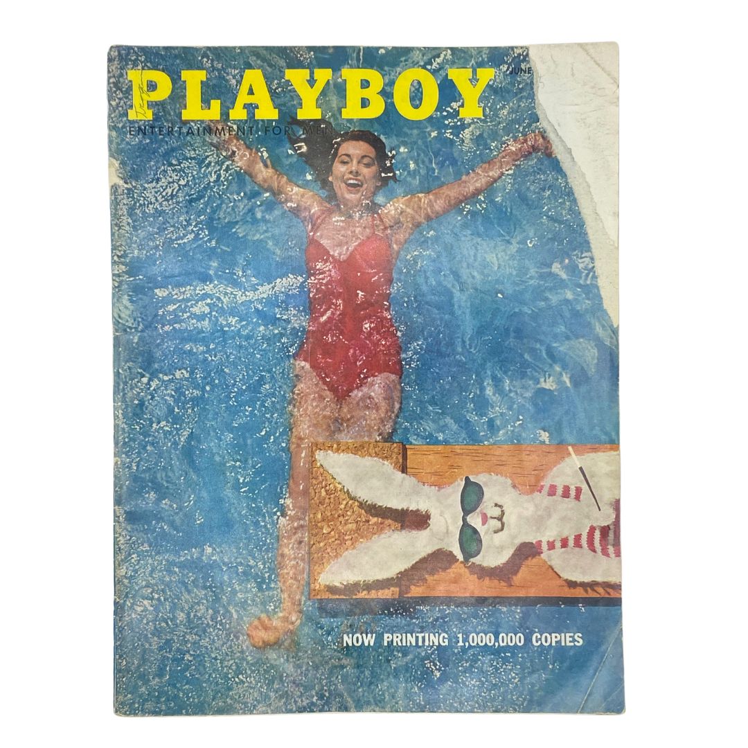 Cover of Playboy Magazine June 1956 featuring Gloria Walker with a vibrant swimsuit and pool background, showcasing the iconic vintage aesthetic.