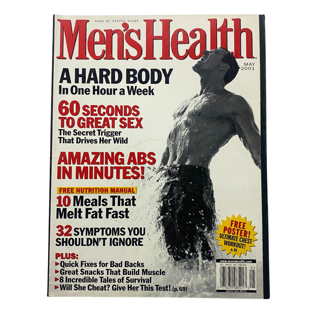 Men's Health Magazine May 2001 cover featuring a fit man showering, promoting the article 'Amazing Abs in Minutes,' along with headlines about fitness tips for men, including '60 Seconds to Great Sex' and 'A Hard Body in One Hour a Week.'
