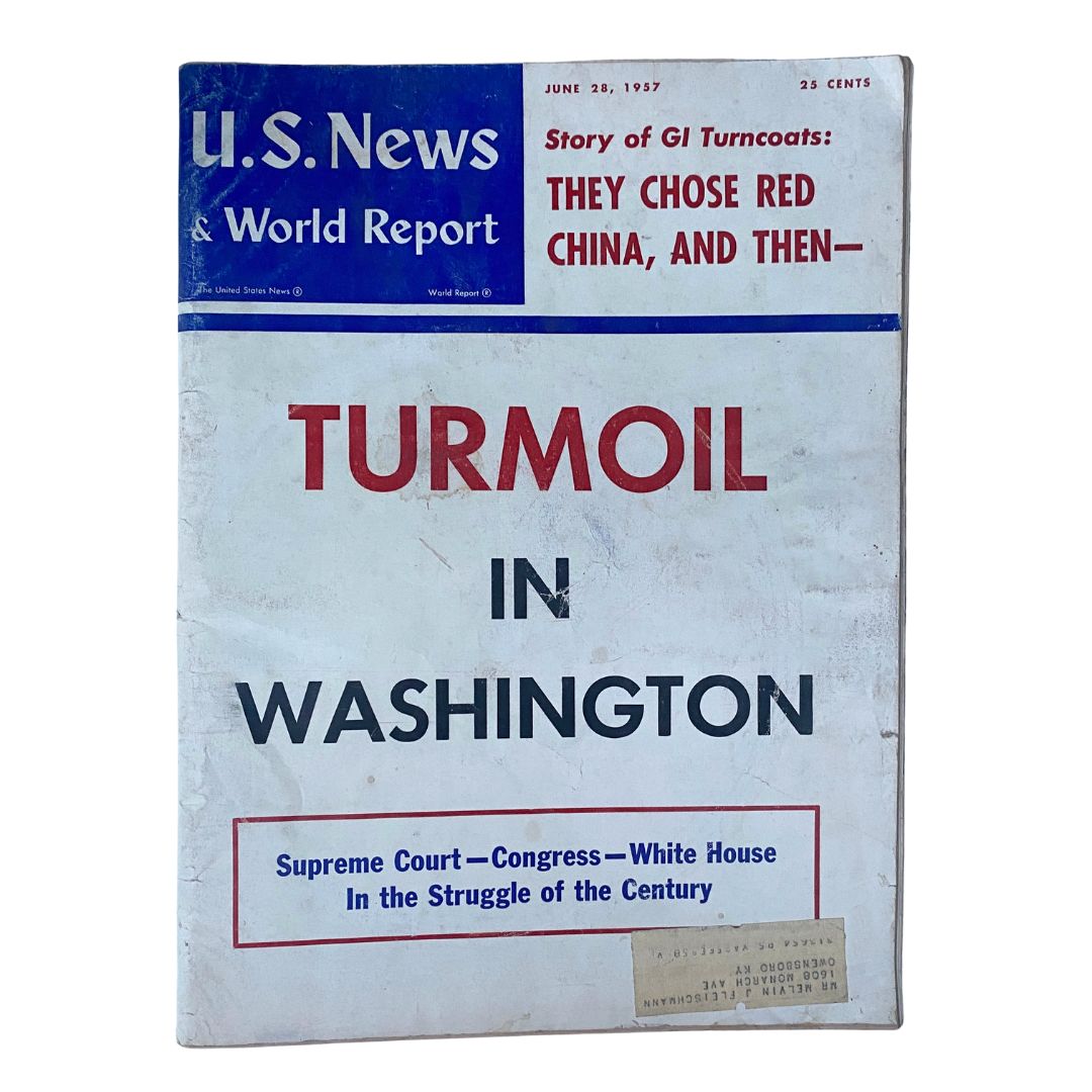 Cover of US News & World Report Magazine from June 28, 1957, featuring the title 'They Chose Red China and Then' and the headline 'Turmoil in Washington', highlighting key issues of the Cold War era.
