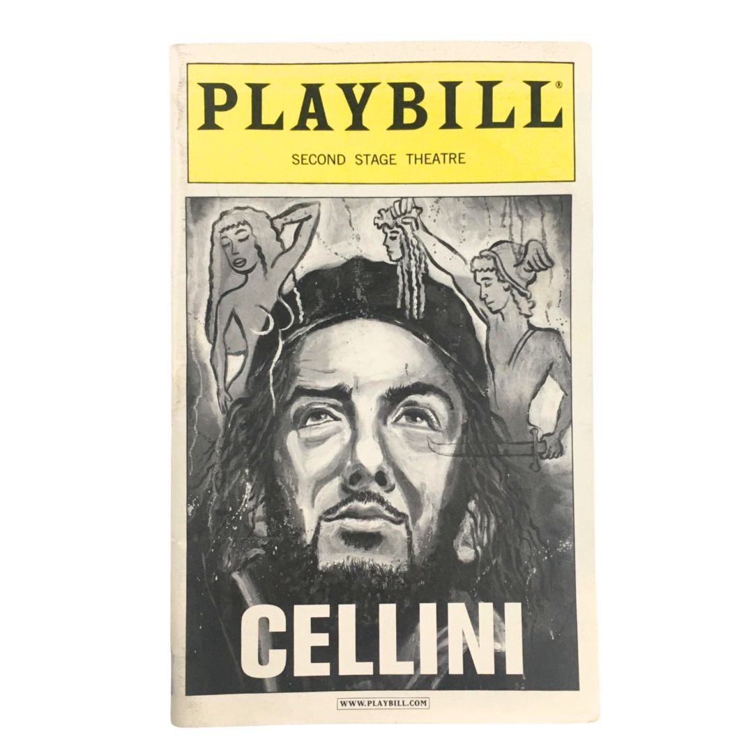 2001 Playbill for Cellini by John Patrick Shanley featuring a distinctive black and white cover illustration at Second Stage Theatre.