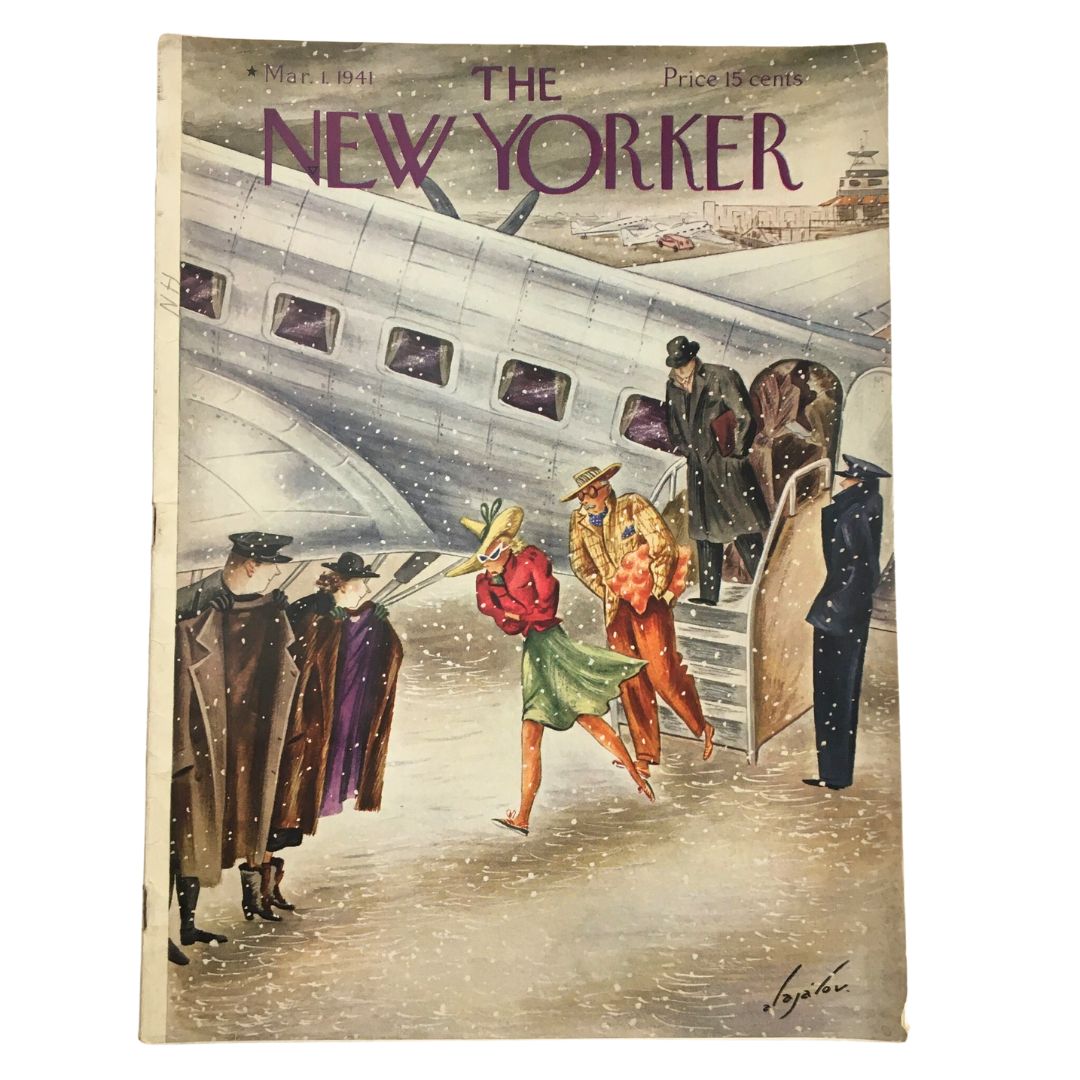 The New Yorker Magazine March 1 1941 Full Theme Cover by Constantin Alajalov, featuring a colorful illustration of passengers at an airport, embodying a vintage style of the early 1940s.