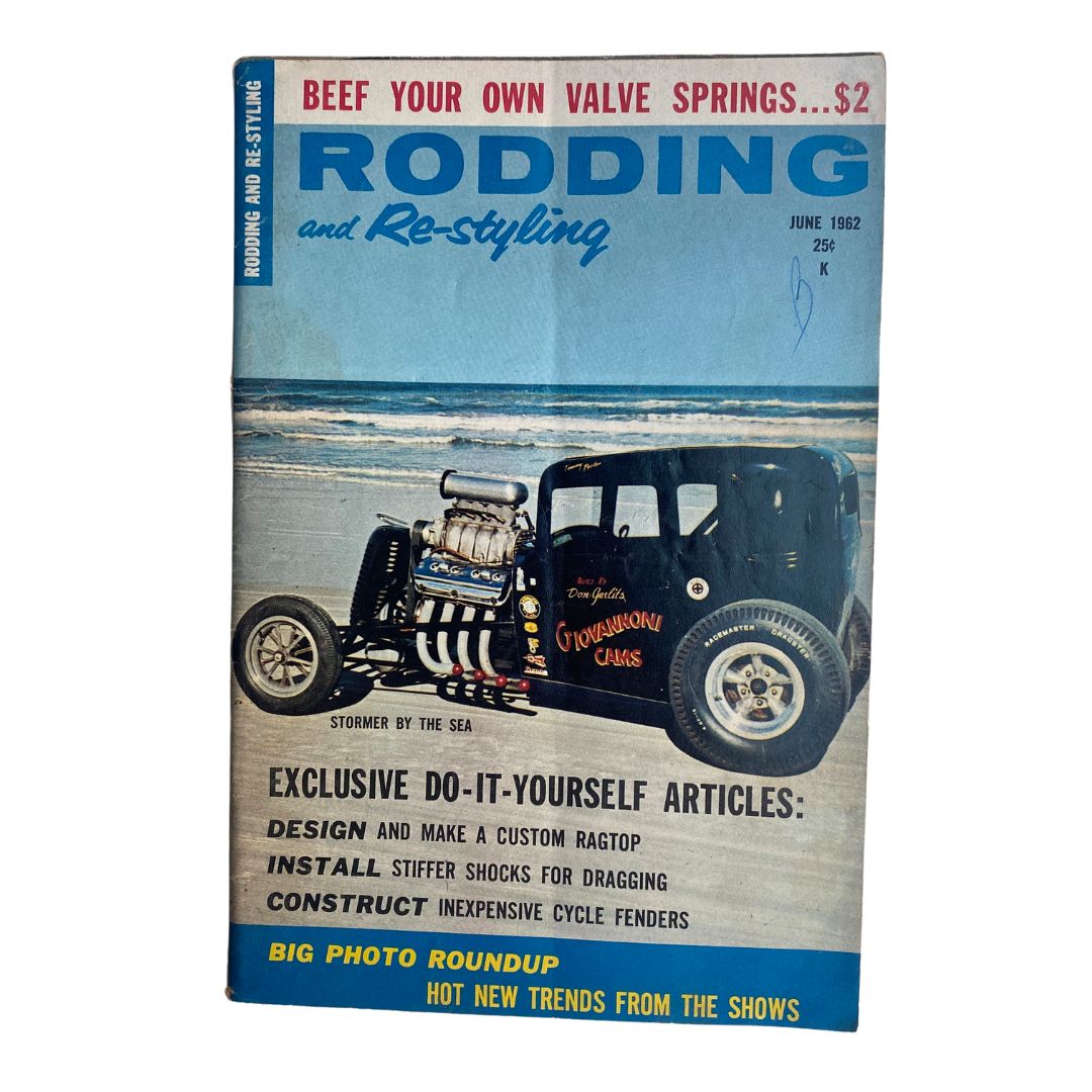 Cover of VTG Rodding & Re-Styling Magazine June 1962 featuring the theme 'Stormer by The Sea' with an iconic hot rod vehicle on a beach background.