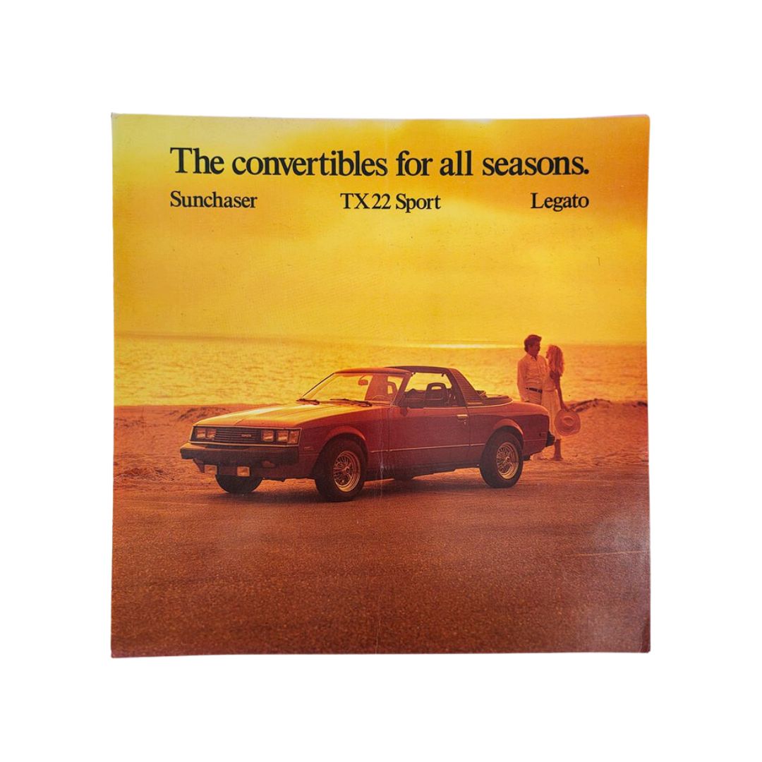 1995 Toyota Convertibles Sunchaser TX 22 Sport Legato Car Sale Brochure Catalog featuring a red convertible car on the beach at sunset, highlighting its appeal for all seasons.