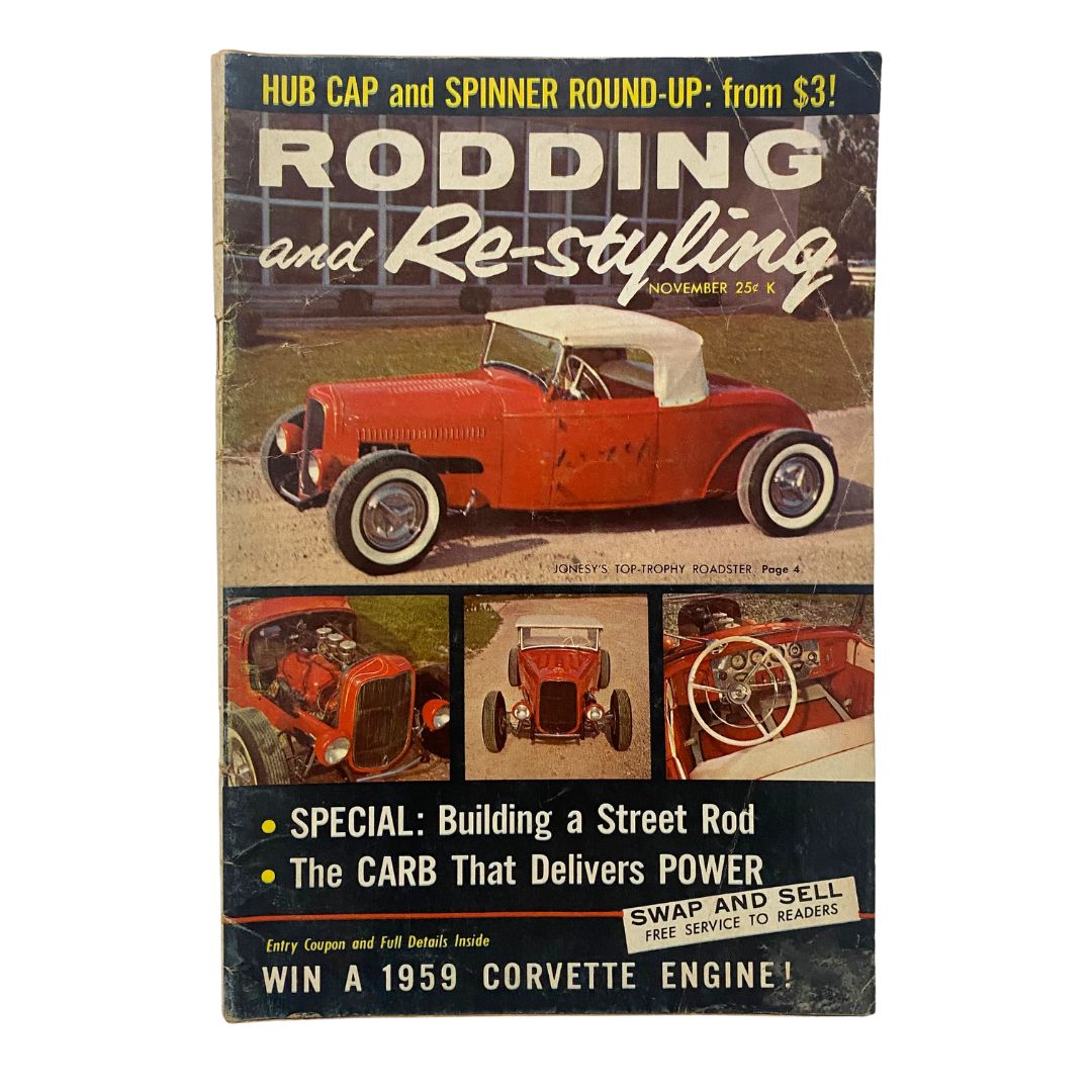 VTG Rodding & Re-Styling Magazine November 1958 featuring a Chev-powered show rod on the cover, highlighting classic car culture and design.