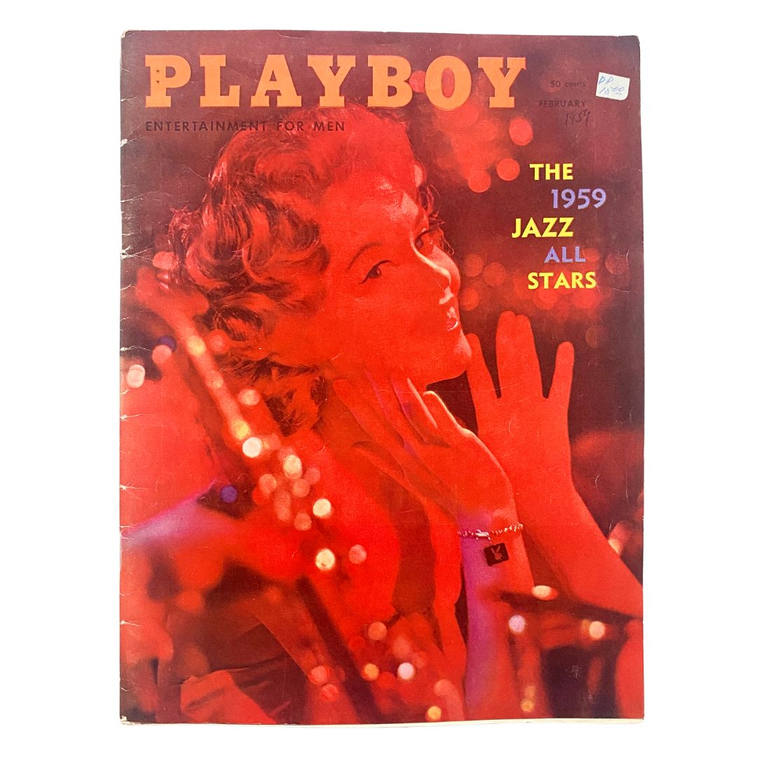 VTG Playboy Magazine February 1959 cover featuring vibrant art and an image of a glamorous woman, representing mid-century American culture.