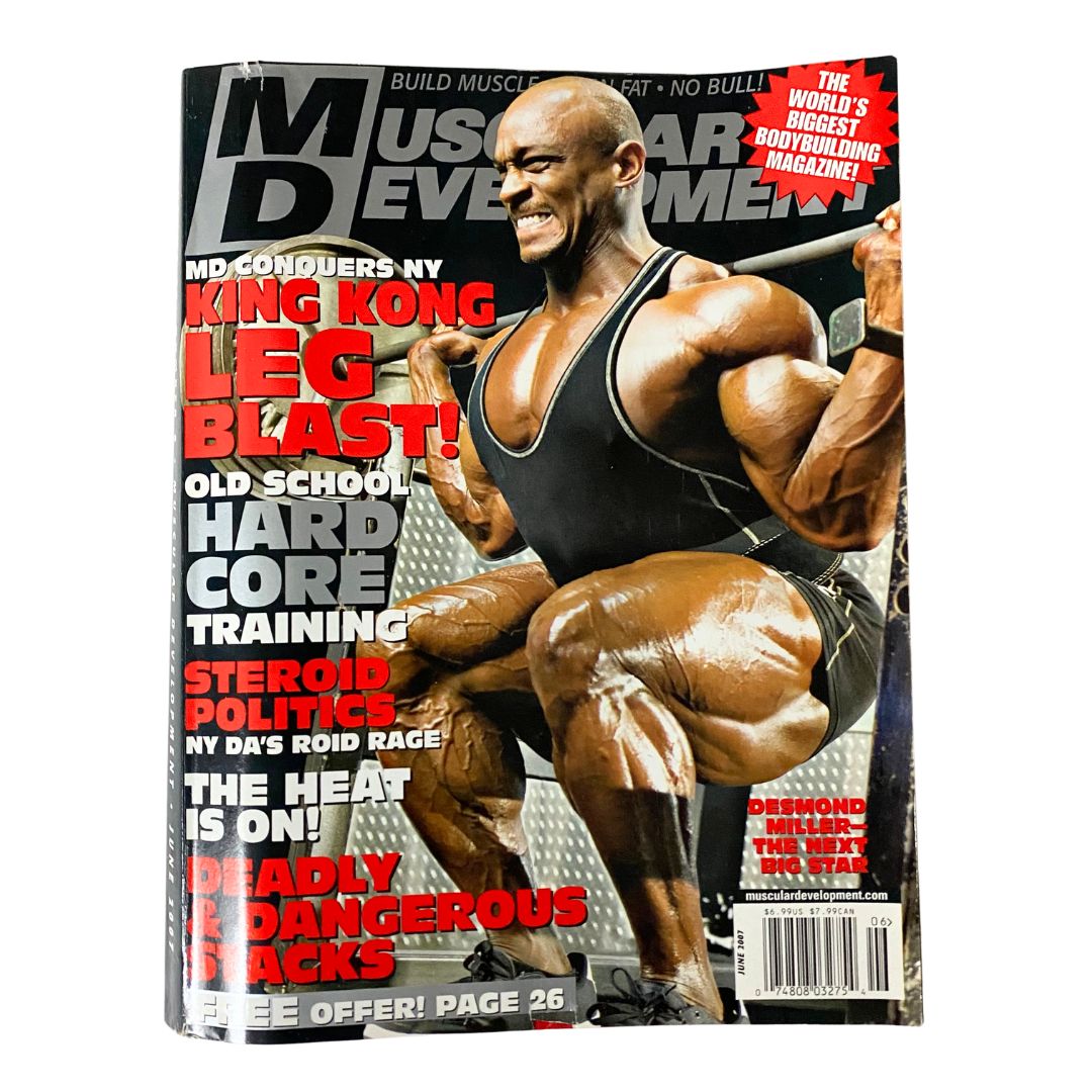 Muscular Development Magazine June 2007 featuring Desmond Miller on the cover with a compelling image of him showcasing his physique during a leg press exercise.