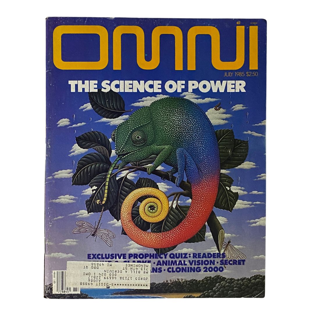 Cover of VTG Omni Magazine July 1985 featuring a vibrant illustration of a chameleon and the title 'The Science of Power'. This vintage magazine explores themes of power in nature and animal vision.