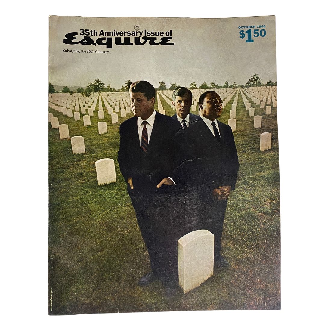 Cover of VTG Esquire Magazine October 1968 featuring JFK, RFK, and Martin Luther King Jr. in a poignant cemetery setting.