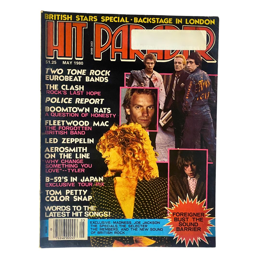 Cover of the May 1980 issue of Hit Parader magazine featuring articles on iconic bands The Clash and Led Zeppelin, notable for its vibrant design and vintage appeal.