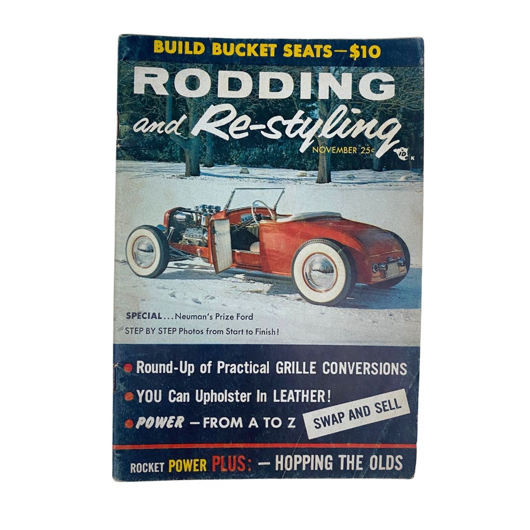 Cover of VTG Rodding & Re-styling Magazine November 1957 featuring Neumann's Red Rod, showcasing classic car culture with vibrant colors and vintage advertisements.