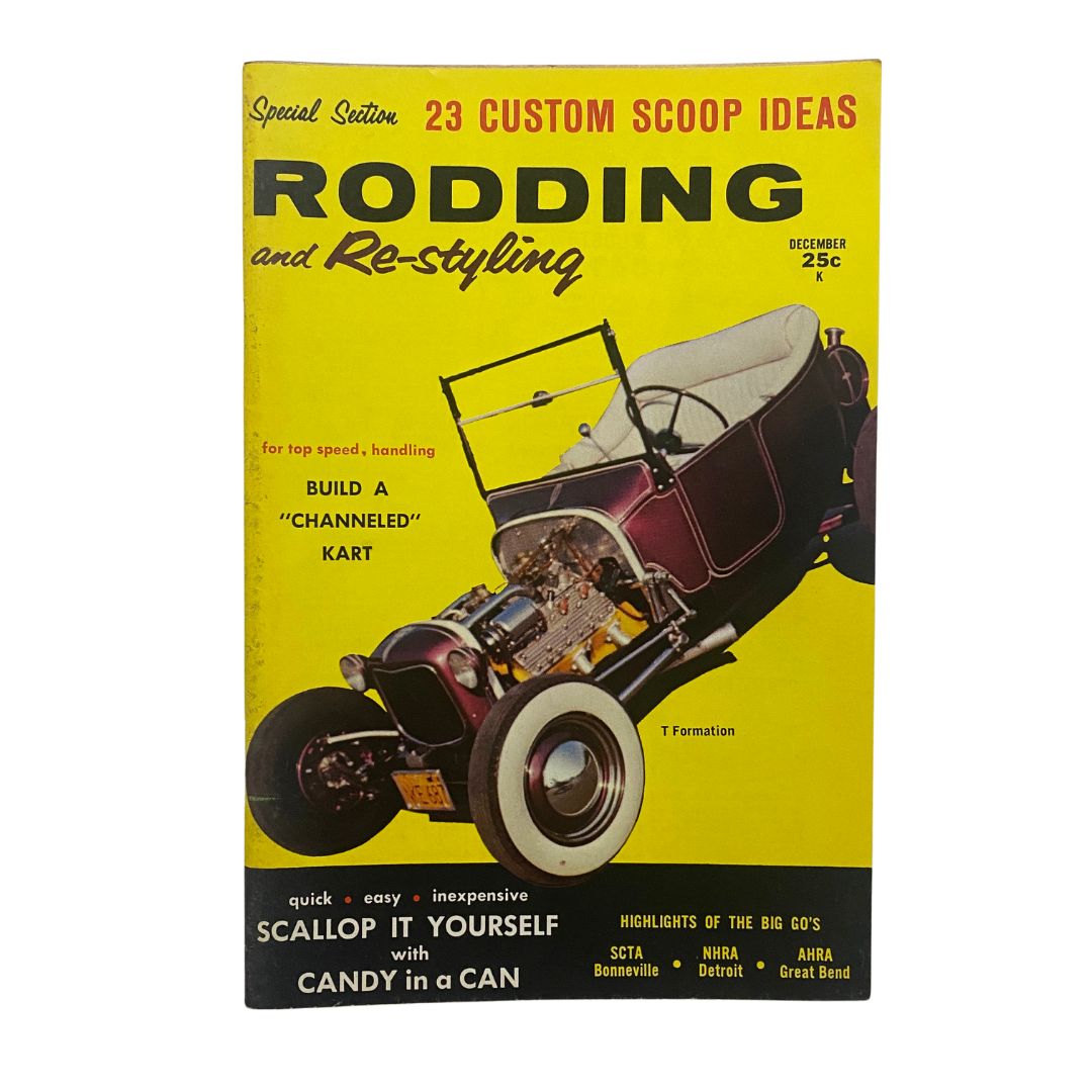 Cover of VTG Rodding & Re-Styling Magazine December 1959 featuring a channeled kart with a vintage design, showcasing automotive artistry and nostalgic elements.