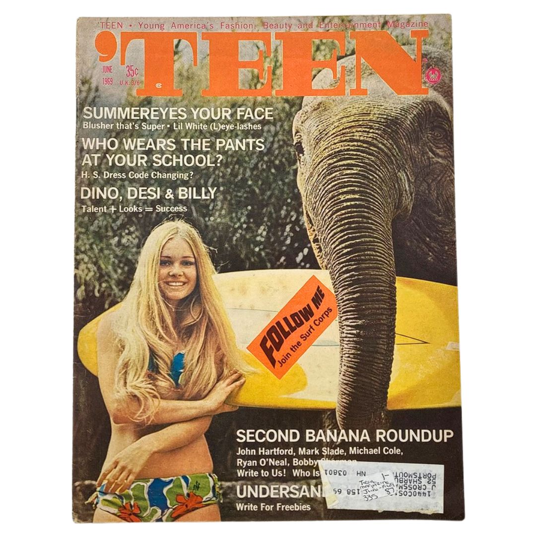 VTG 'Teen Magazine June 1969 cover featuring a young woman with long blonde hair, a surfboard, and a sticker promoting a surf corps, alongside an elephant, showcasing pop culture from the late 1960s.