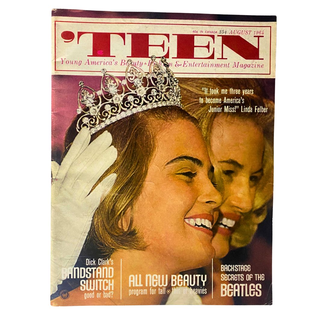 VTG Teen Magazine August 1964 cover featuring Linda Felber, America's Junior Miss, with a tiara and glamorous outfit, showcasing beauty articles and cultural trends of the 1960s.
